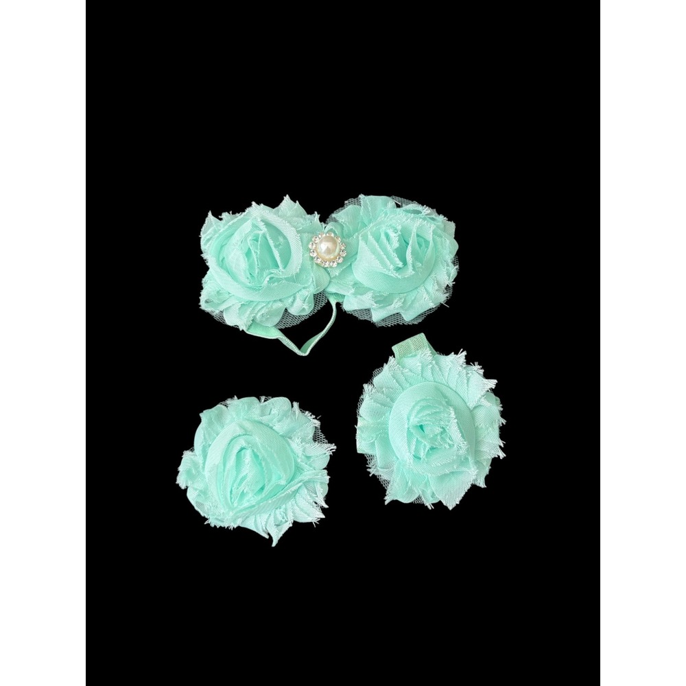 Infant Baby Mint Green Floral Headband Barefoot Sandals Set Pearl Rhinestone